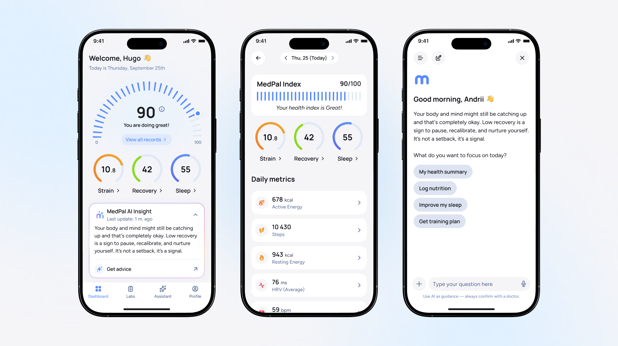 MedPal — Three Pillars overview screens