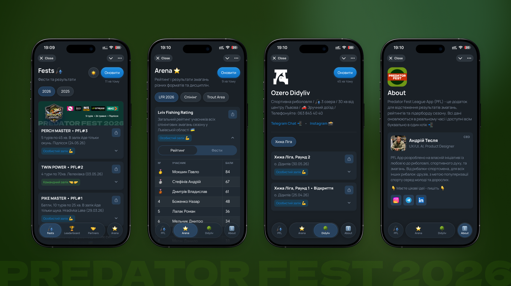 PFL App — all four tabs: Fests, Leaderboard, Arena, Partners