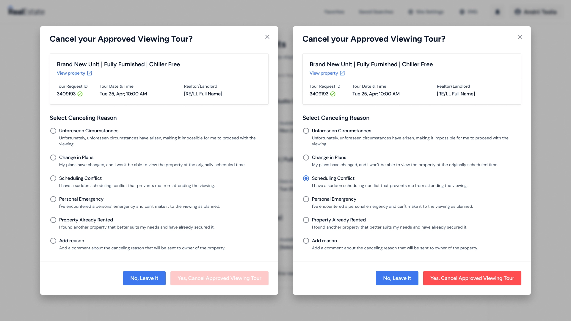 Tenant Account — favorites & viewing tour